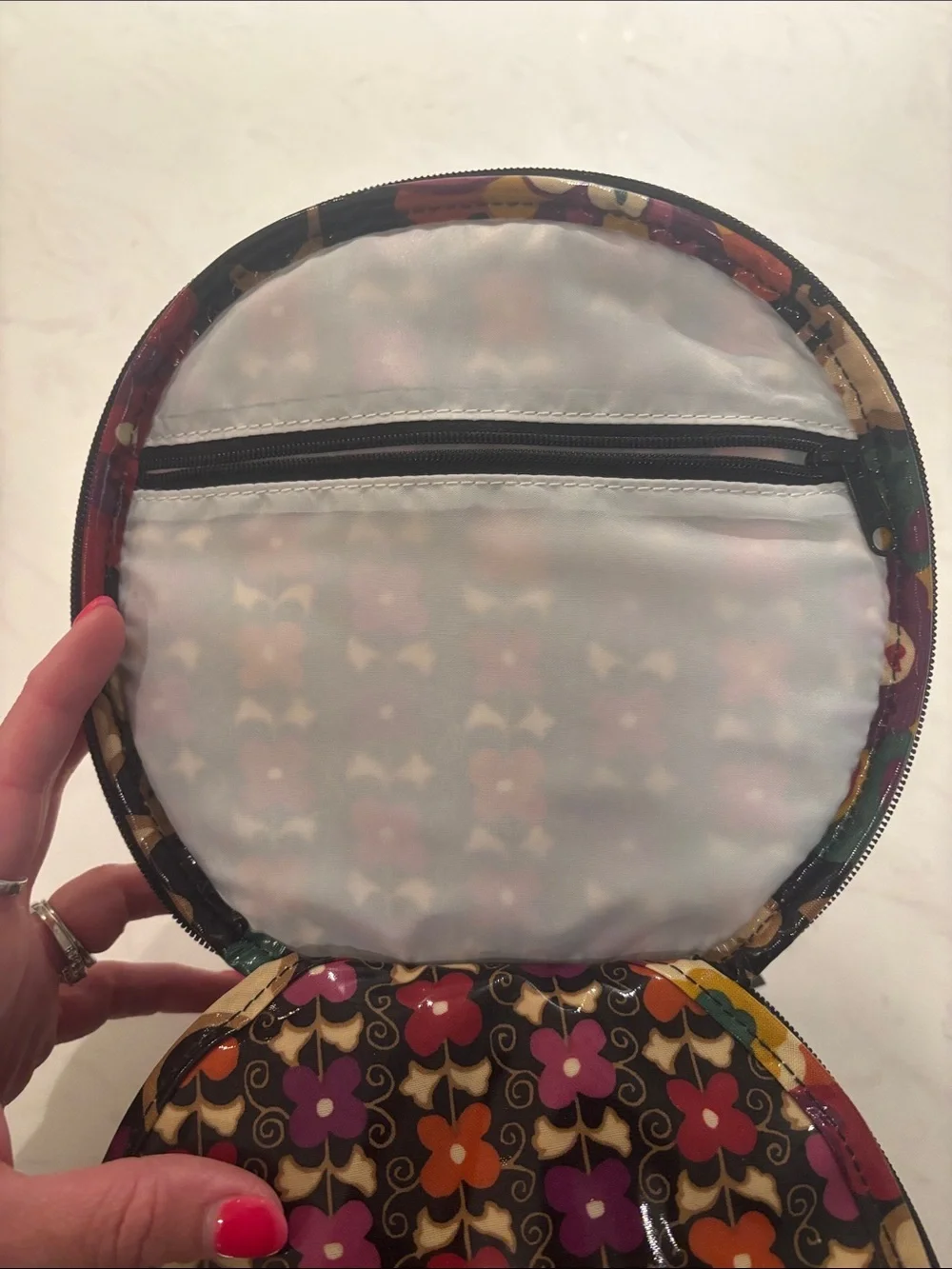 Vera Bradley Floral Pattern Round Cosmetic Bag in Black and Purple